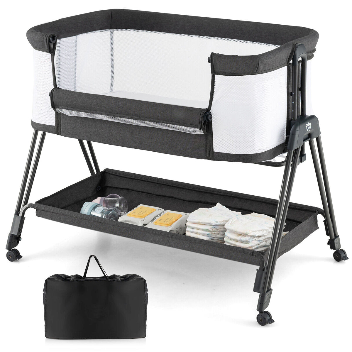 The bedside sleeper and its carry bag on the floor