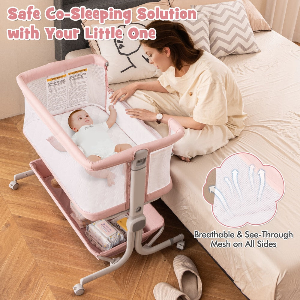 The co-sleeping solution with a baby and a woman, showing mesh sides for breathability