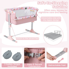 Pink bassinet crib bedside sleeper with safe co-sleeping solution and safety straps