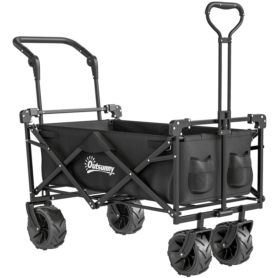 Outsunny Folding Trolley Cart Storage Wagon Beach Trailer 4 Wheels with Handle Overhead Canopy Cart Push Pull for Camping