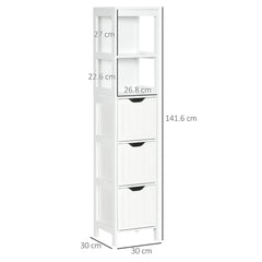 HOMCOM Narrow Floor Cabinet, Bathroom Cabinet with 3 Drawers and 2 Open Shelves, 30W x 30D x 141.6Hcm, White