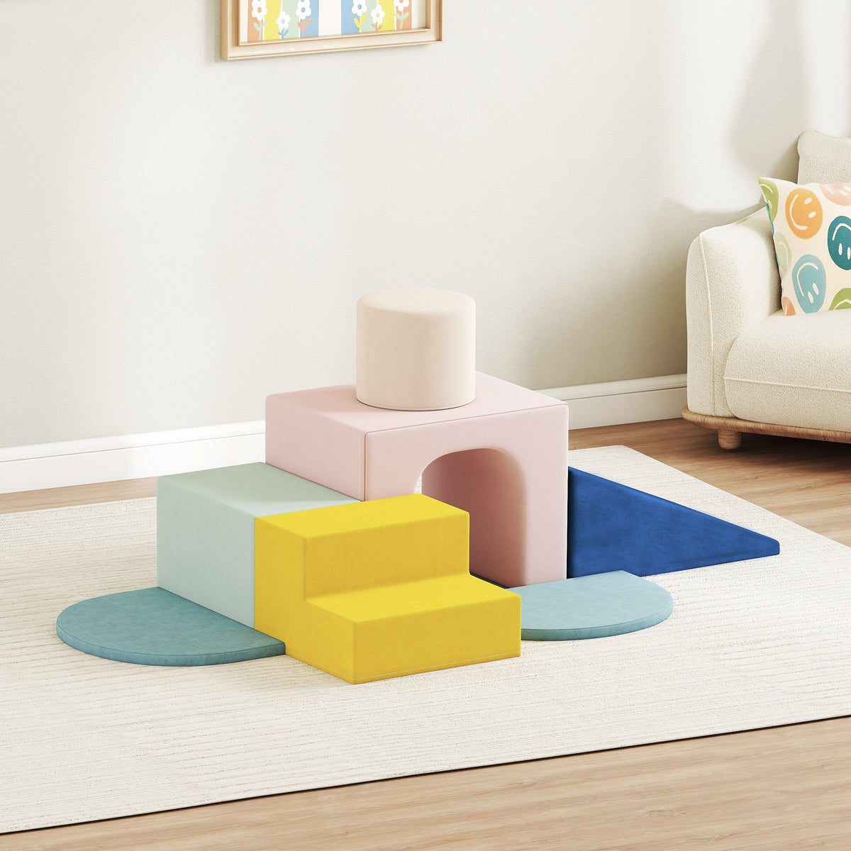 AIYAPLAY 8-Piece Foam Play Blocks for Kids, Soft Motor Skill Blocks with Washable Velvet Covers, Indoor Climbing Set, Multicolor
