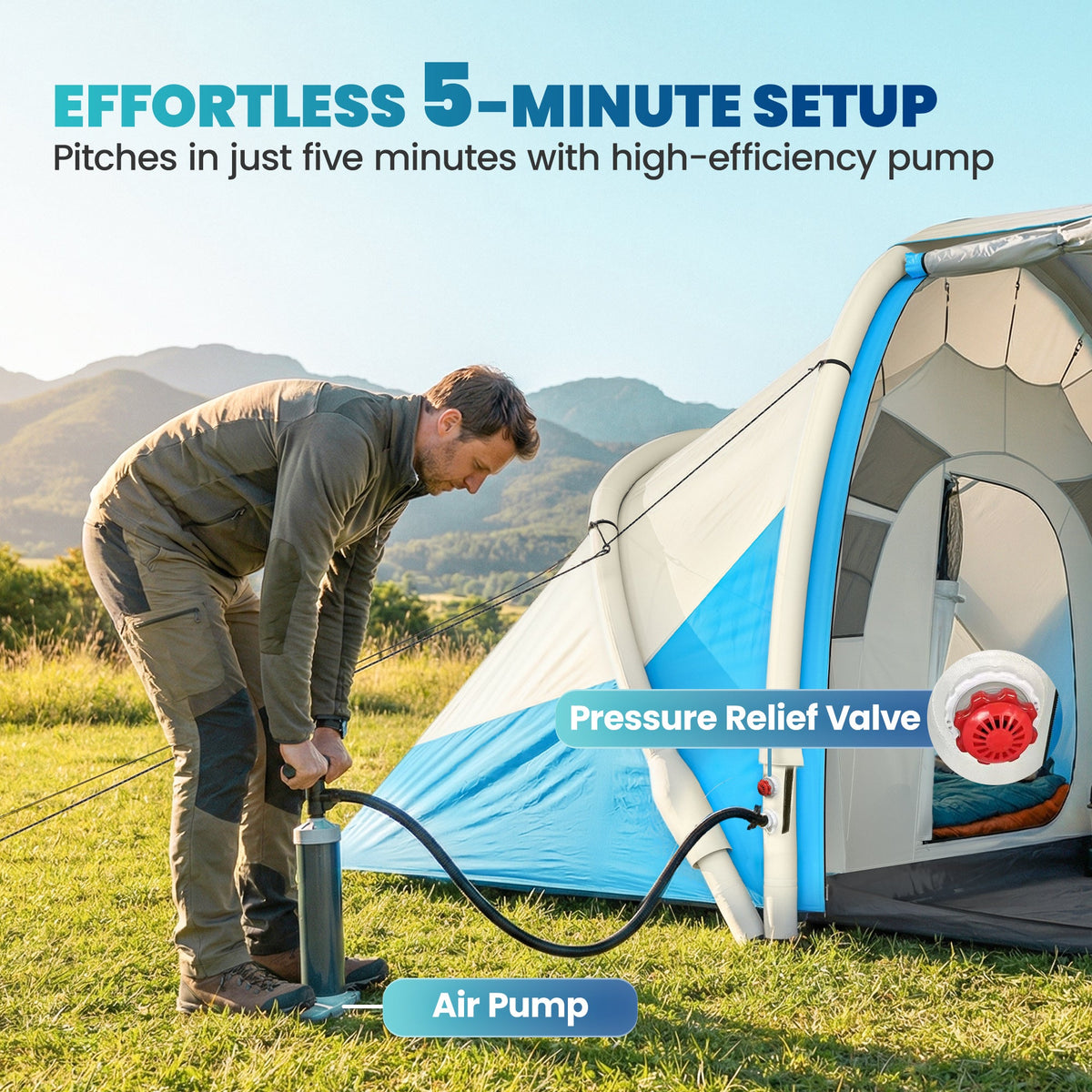 Outsunny Inflatable Tent 2 Bedroom 3000mm Waterproof Windproof Air Tent with Carry Bag for 2-4 Person