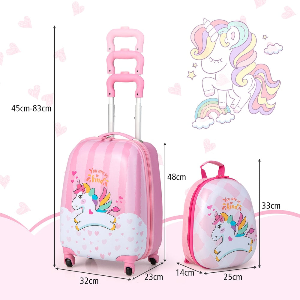 The kids luggage with arrows and labels showing the dimensions of both pieces