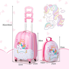 The kids luggage with arrows and labels showing the dimensions of both pieces