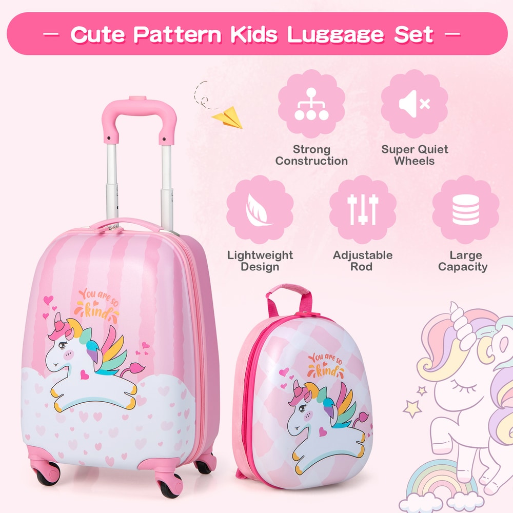 The kids luggage displayed with icons highlighting the lightweight and quiet design