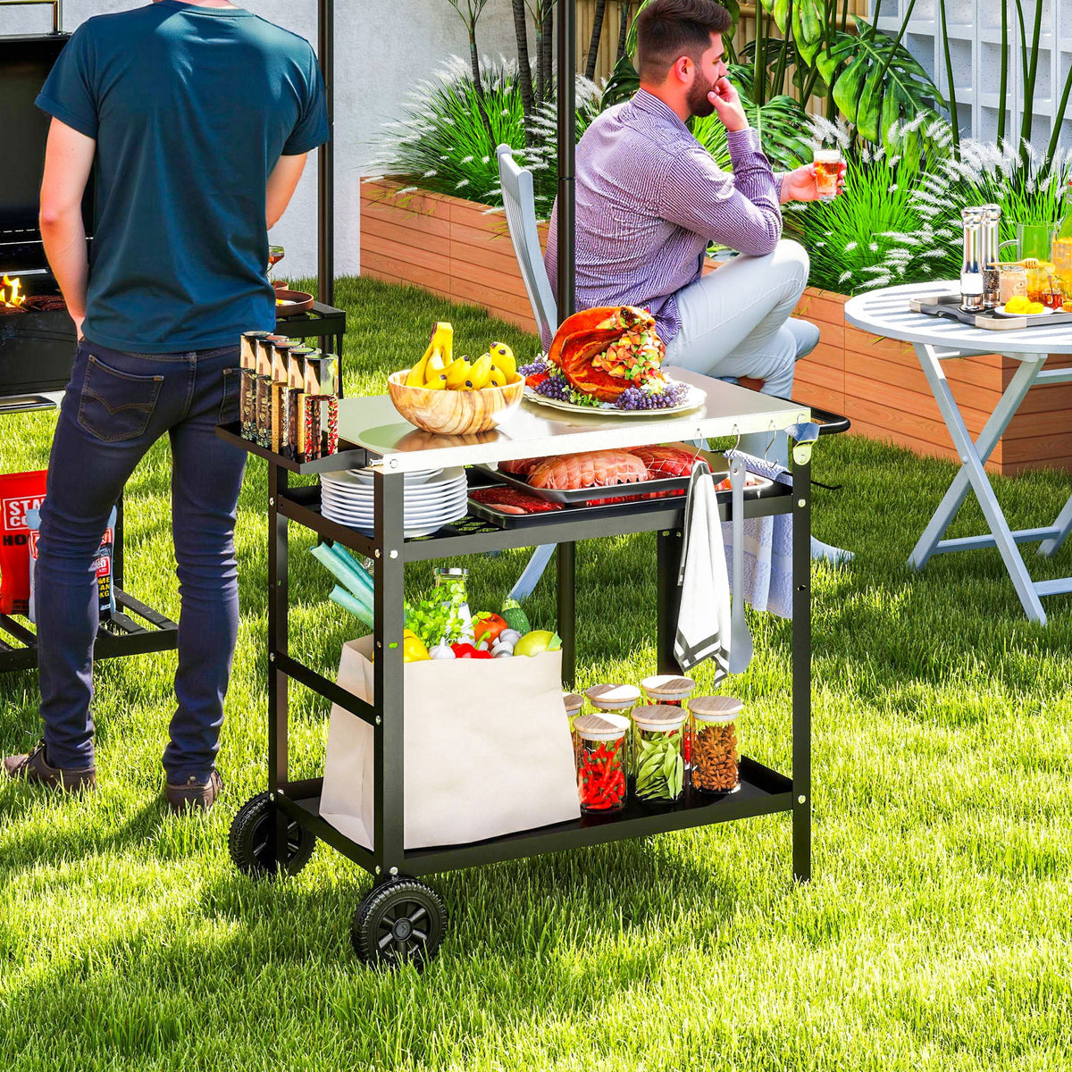 Outsunny BBQ Trolley with Stainless Steel Top Adjustable Shelf, Outdoor Kitchen Barbecue Station with Hooks Seasoning Tray Towel Rack, Pizza Oven Table Movable Grill Dining Cart with Cover, Black
