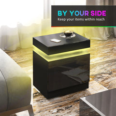 HOMCOM High Gloss Front Bedside Tables Set of 2, Nightstands with RGB LED Light and 2 Drawers, Chest of Drawers for Bedroom, Living Room, Black