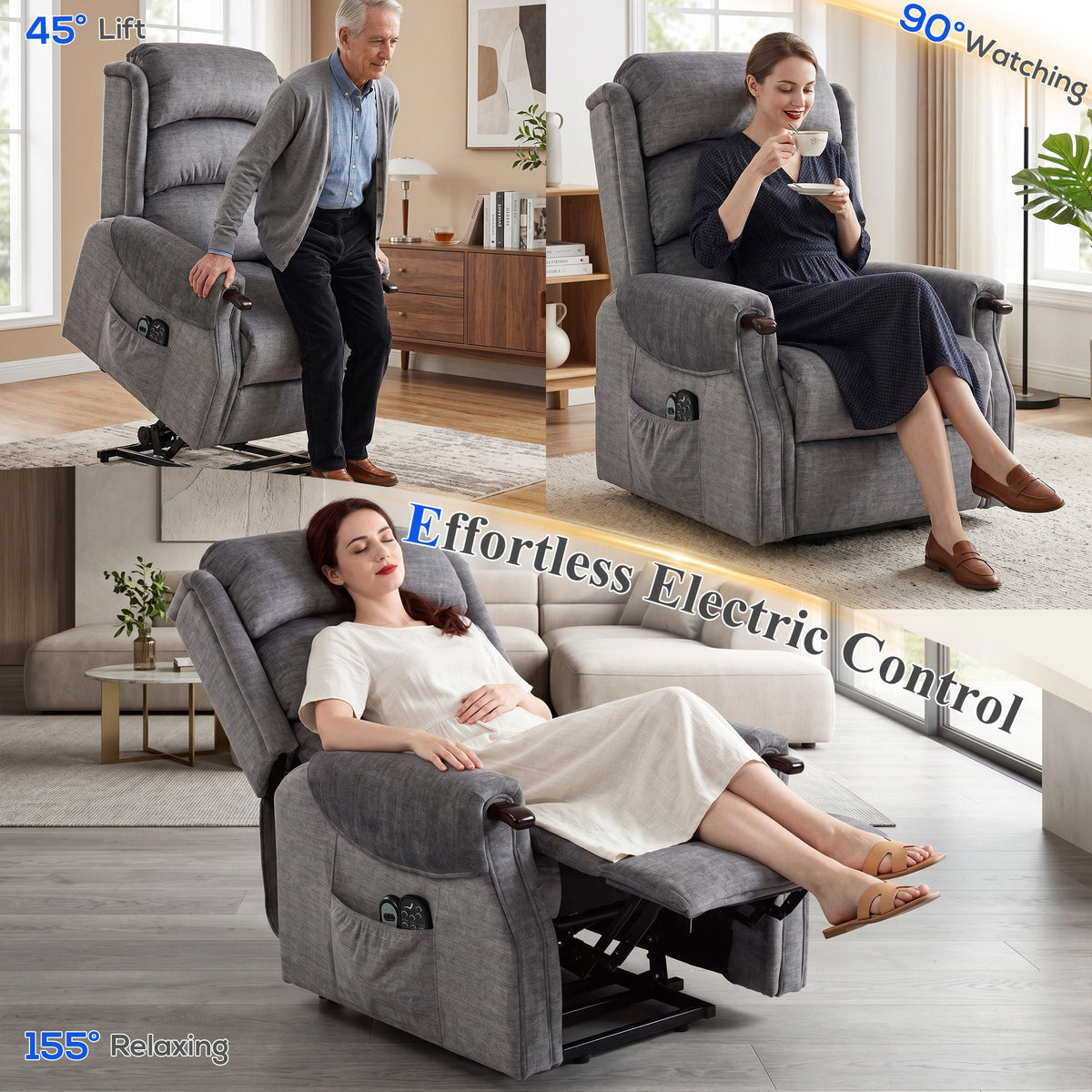 HOMCOM Power Lift Recliner with Vibration Massage and Heat, Lift Chair for Tall with Wood Grip, Pocket Spring, Light Grey