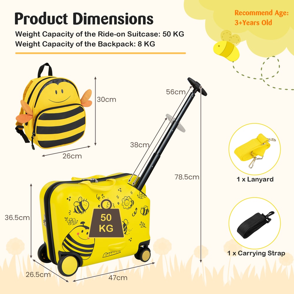 Dimensions and capacity of the yellow bee design kids luggage set with spinner wheels