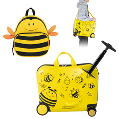 Yellow kids luggage set with a bee design, showing the backpack worn and the suitcase pulled