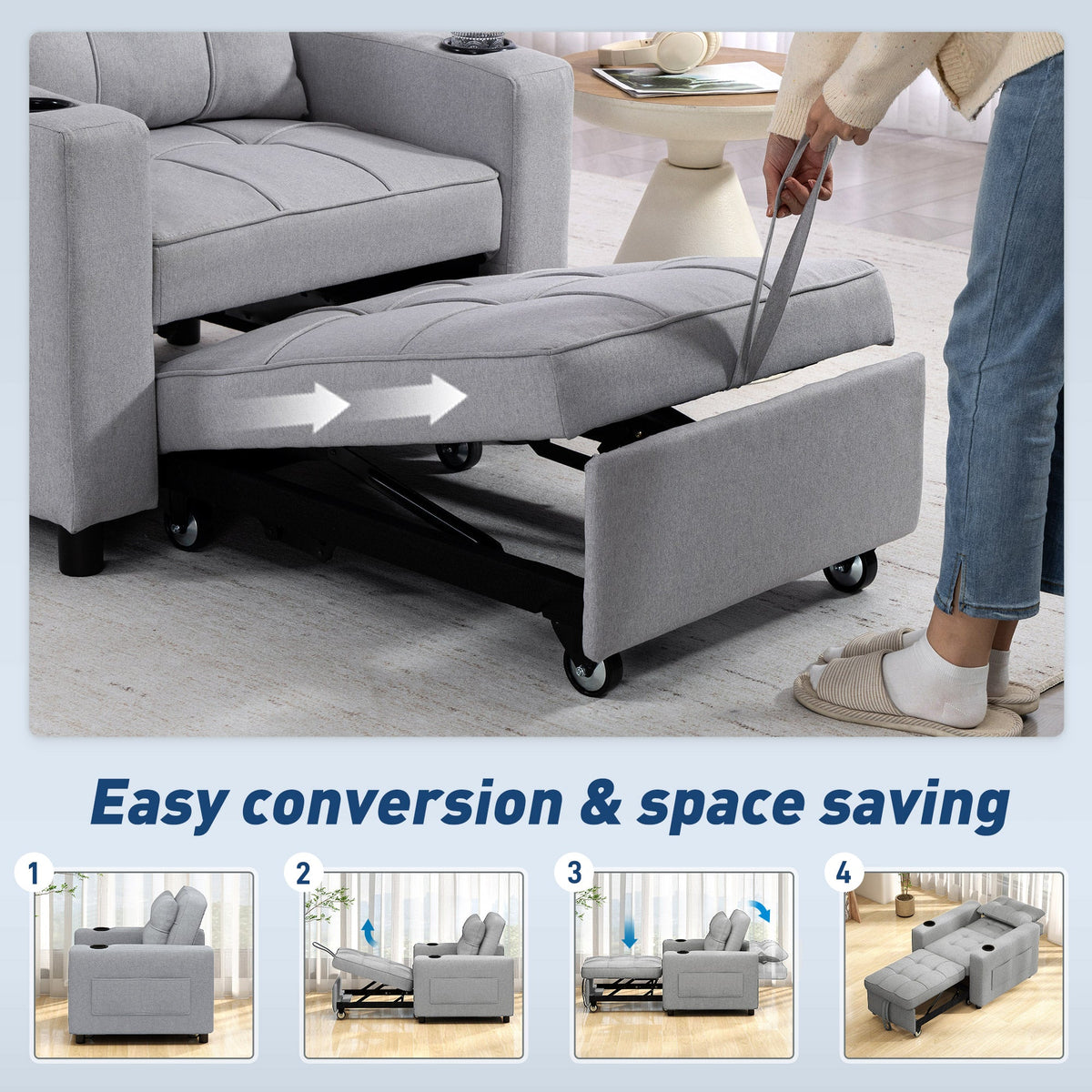 HOMCOM 3-in-1 Single Sofa Bed, Convertible Sleeper Chair Bed - Light Grey