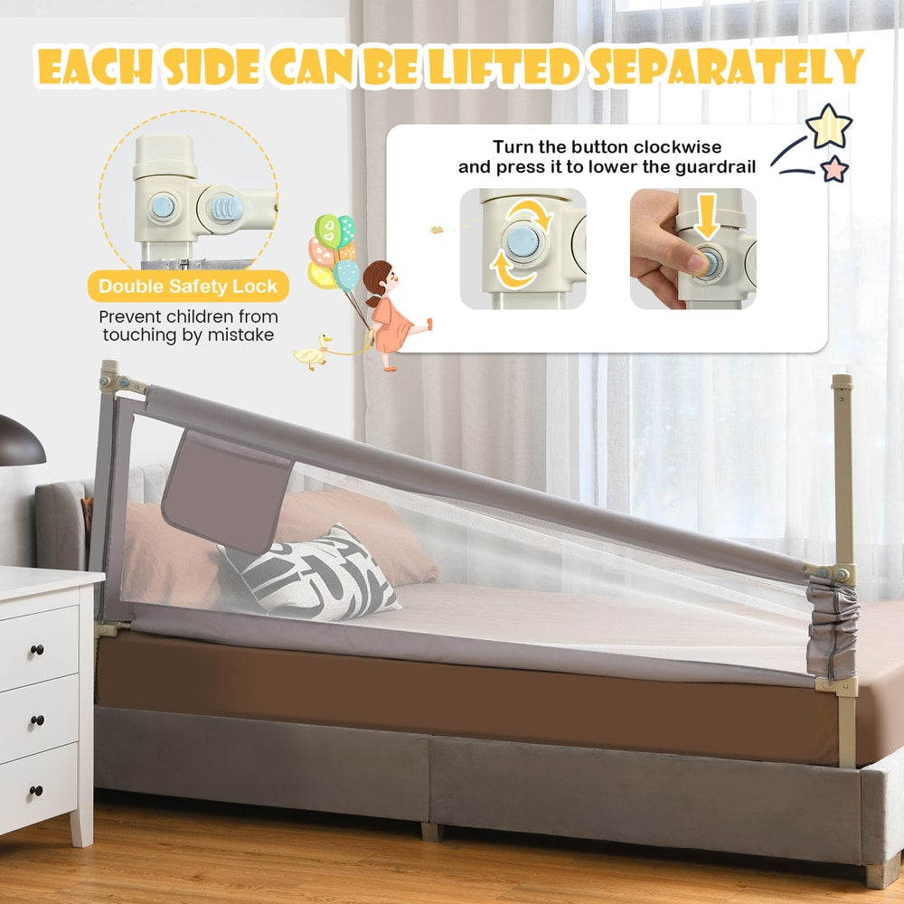 The bed rails demonstrating the safety lock mechanism and how to lower the side