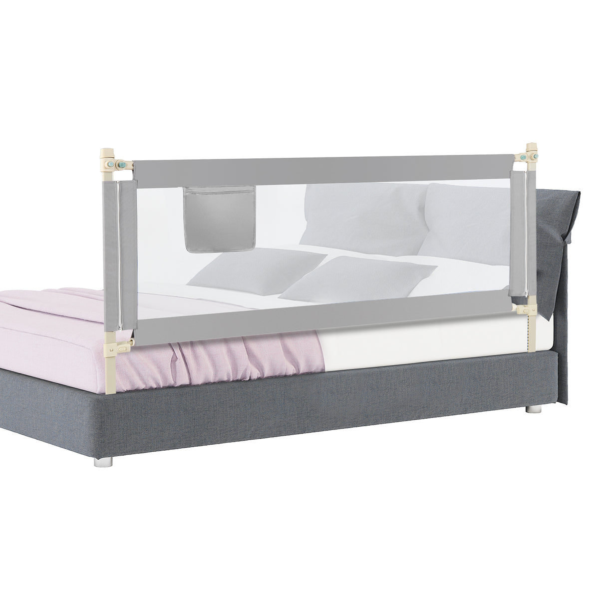 The bed rails attached to the side of a grey upholstered bed frame