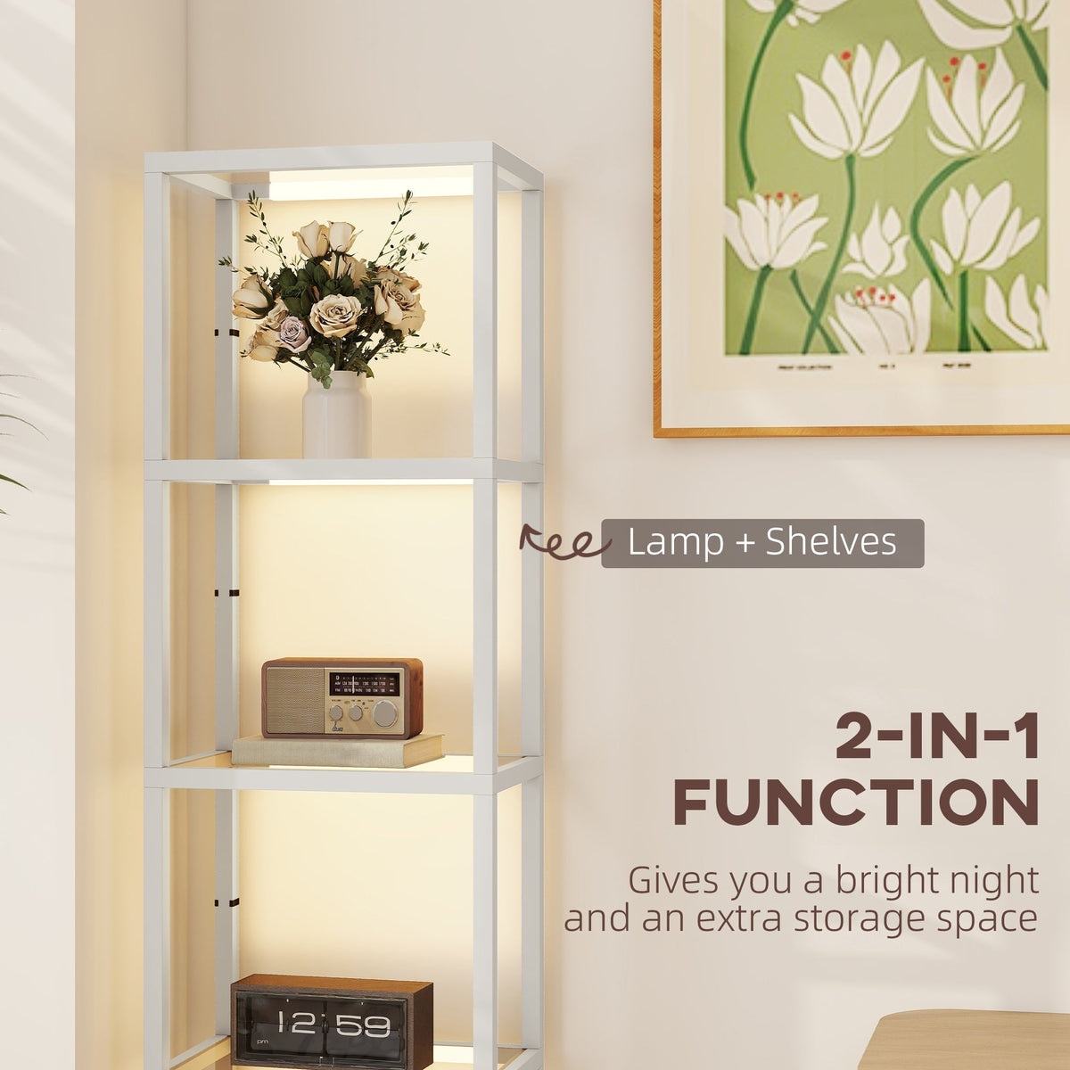HOMCOM LED Floor Lamp with Glass Shelves, 4 Layers Dimmable Tall Standing Lamp, Modern Column Shelf Floor Light for Living Room, Bedroom, Office, Grey