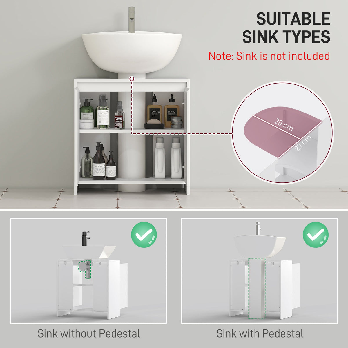 HOMCOM Under Sink Bathroom Cabinet, Freestanding Under Sink Cabinet with 2 Doors and Shelf for Basin without or with
