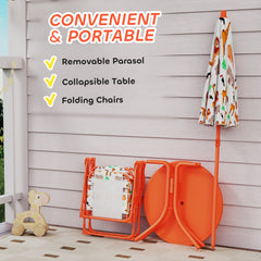 AIYAPLAY Kids Patio Set, Children Table and Chair Set, Outdoor Picnic Table with 2 Folding Chairs and Umbrella, Orange