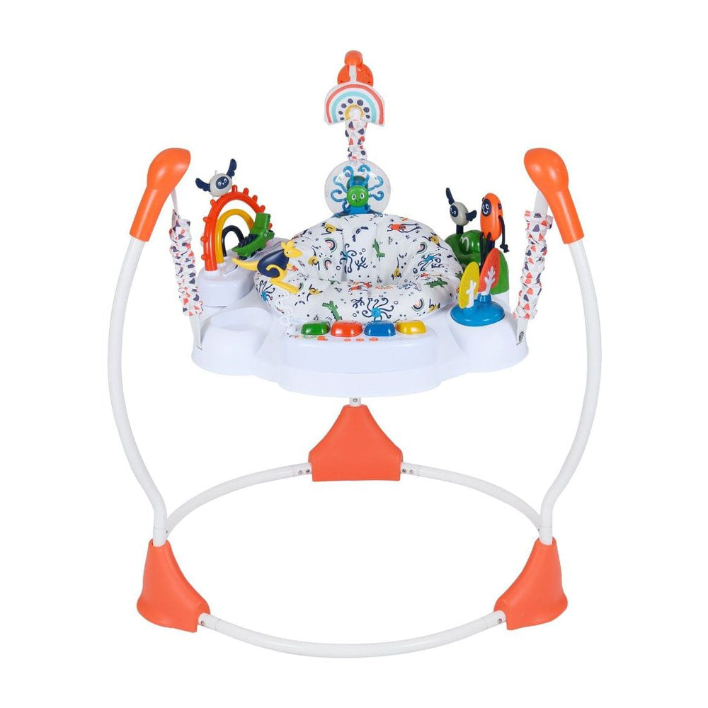 Baby Activity Center Baby Jumper and Bouncer with 6 interactive toys, orange frame and white seat