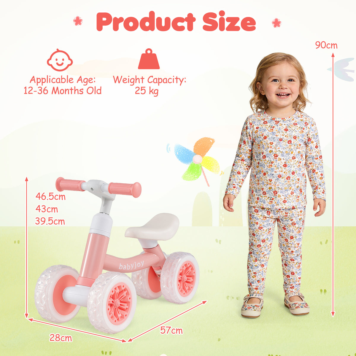 Baby Balance Bike No Pedal Toddler Balance Bike with Adjustable Handlebar and Seat-Pink