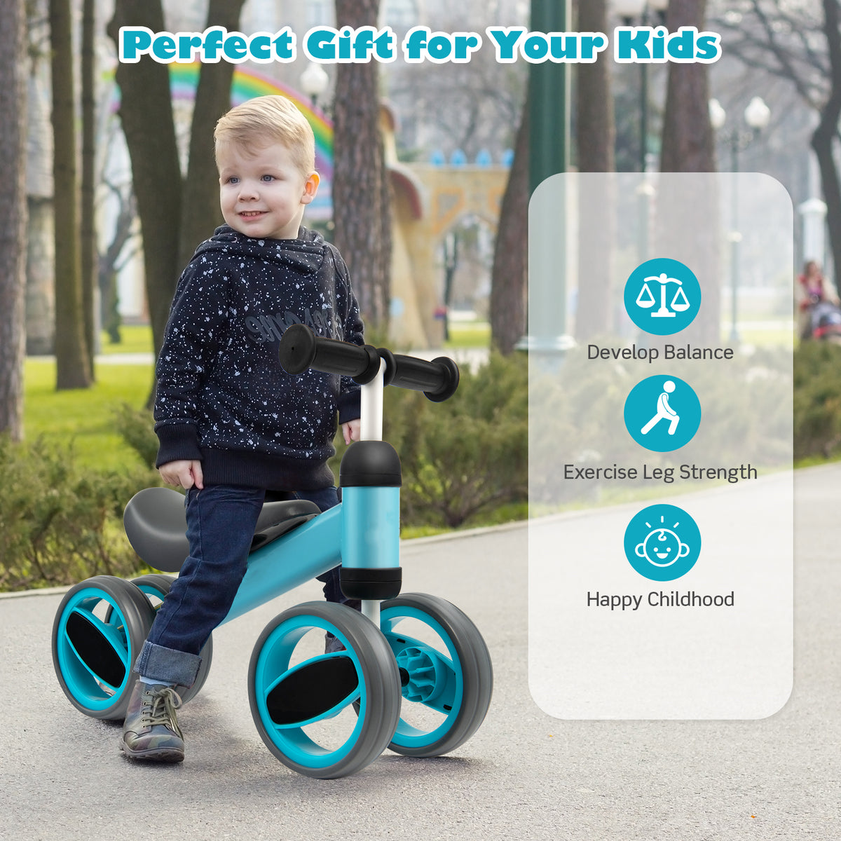 Baby Balance Bike with 4 Wheels and Limited Steering-Blue