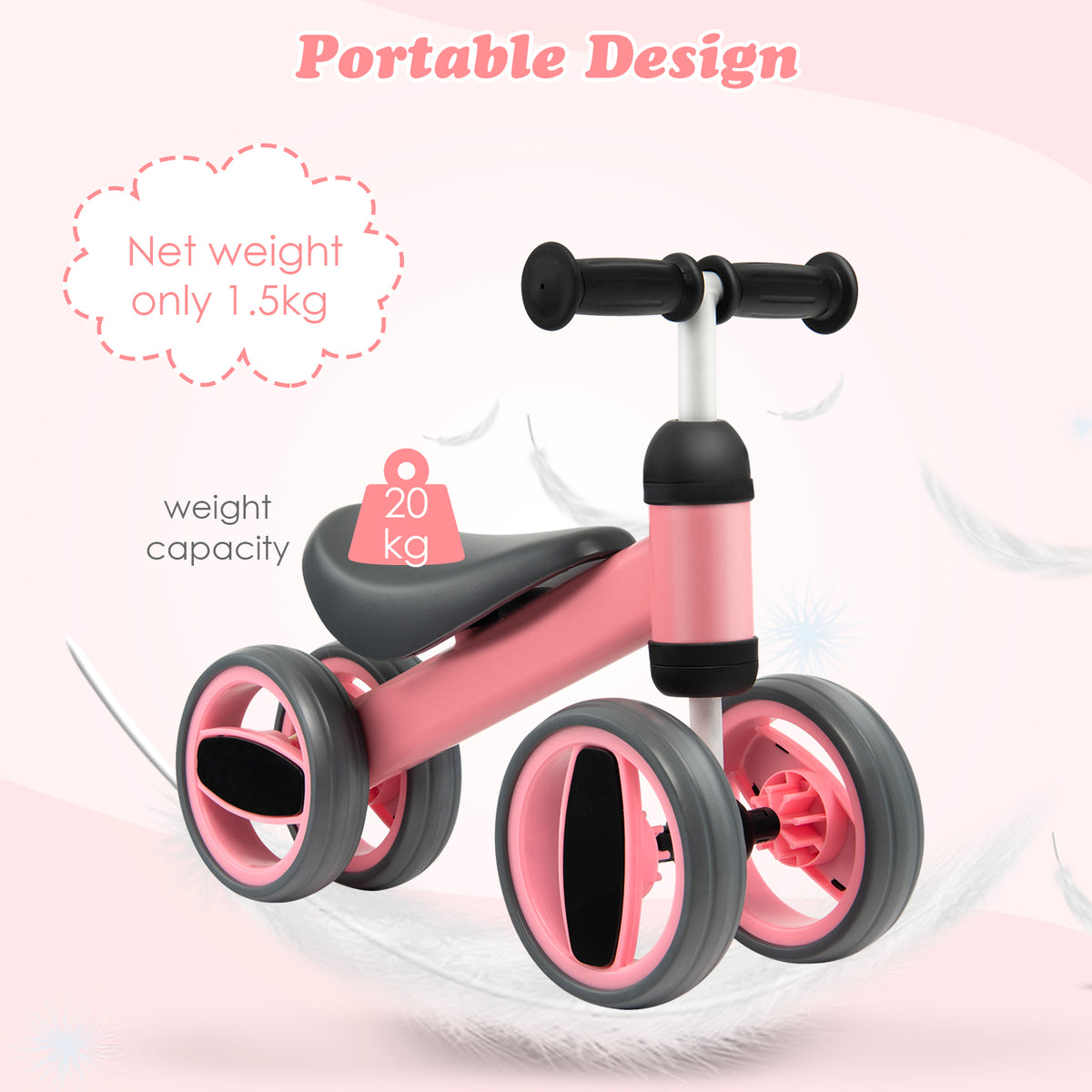 Baby Balance Bike with 4 Wheels and Limited Steering-Pink