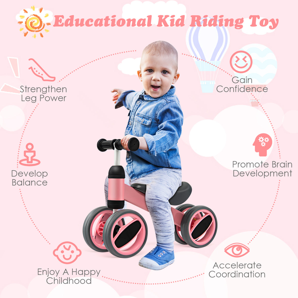 Baby Balance Bike with 4 Wheels and Limited Steering-Pink