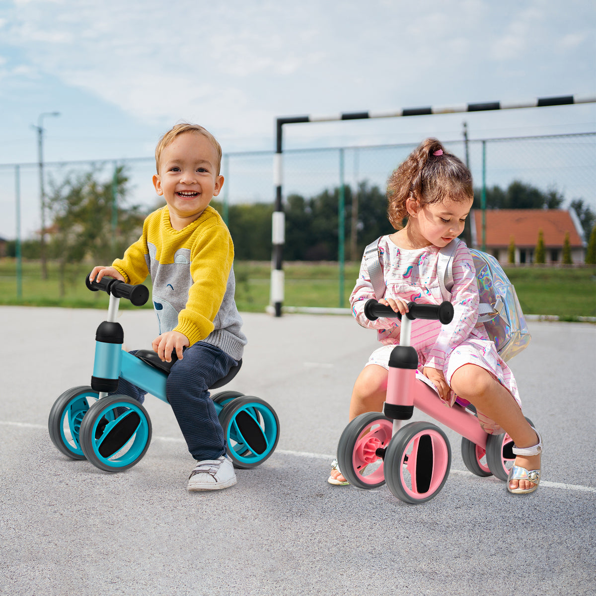 Baby Balance Bike with 4 Wheels and Limited Steering-Pink