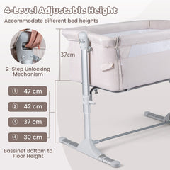 The bedside sleeper showing the height adjustment mechanism and level options