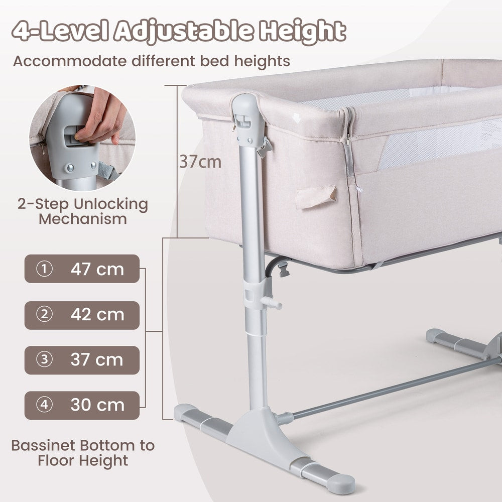 The bedside sleeper showing the height adjustment mechanism and level options