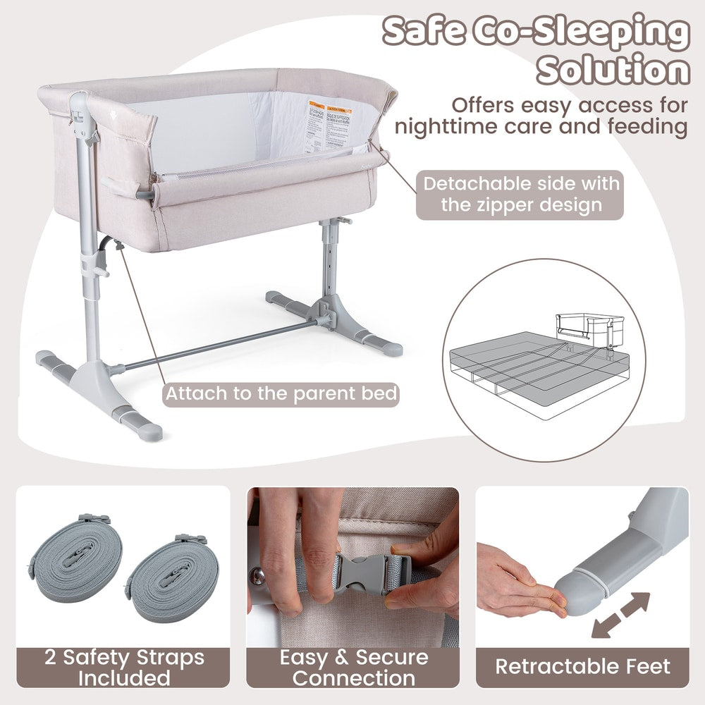 The baby bassinet with details on the safety straps and retractable feet