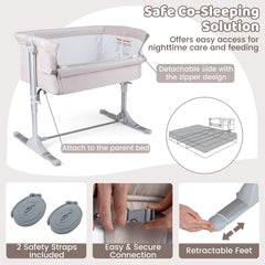 The baby bassinet with details on the safety straps and retractable feet