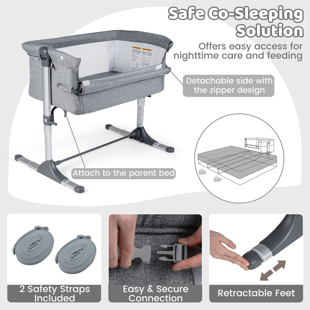 The bedside sleeper with text explaining safe co-sleeping solution and showing safety straps