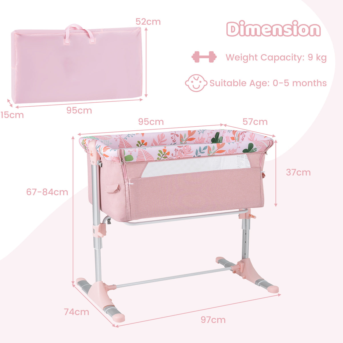 Pink bassinet crib bedside sleeper with dimensions and weight capacity shown