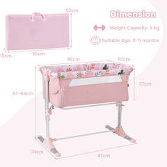 Pink bassinet crib bedside sleeper with dimensions and weight capacity shown