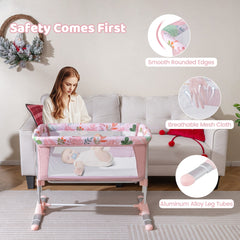Pink bassinet crib bedside sleeper with a woman and baby, showing smooth edges and mesh cloth
