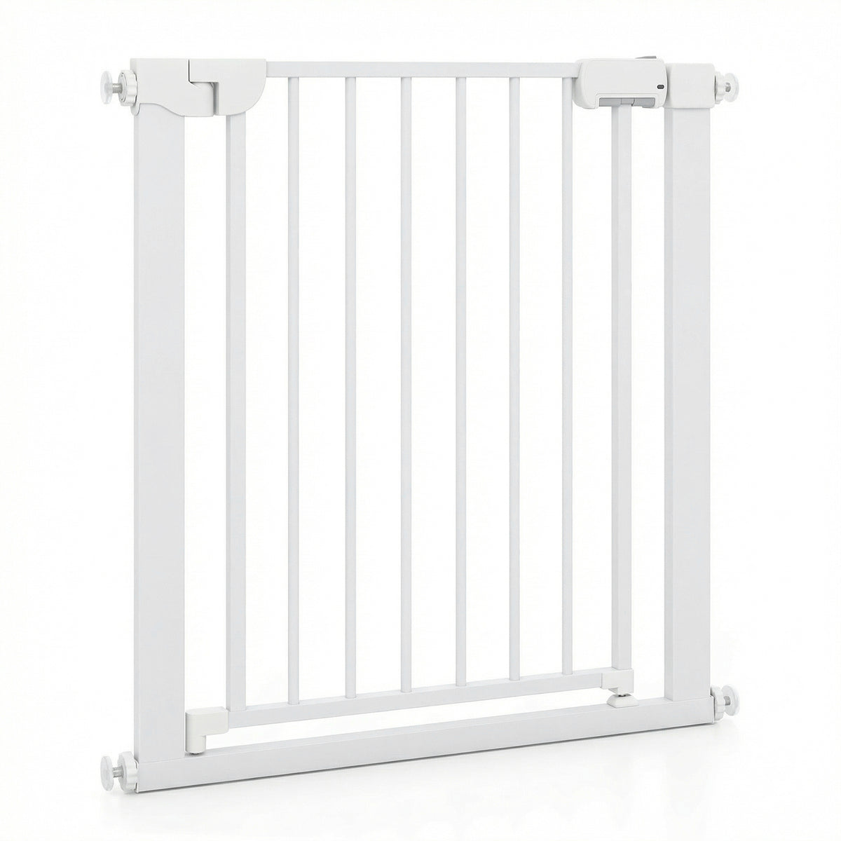 The pet gate angled to show the white metal frame and the locking mechanism at the top corner