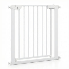 The pet gate angled to show the white metal frame and the locking mechanism at the top corner