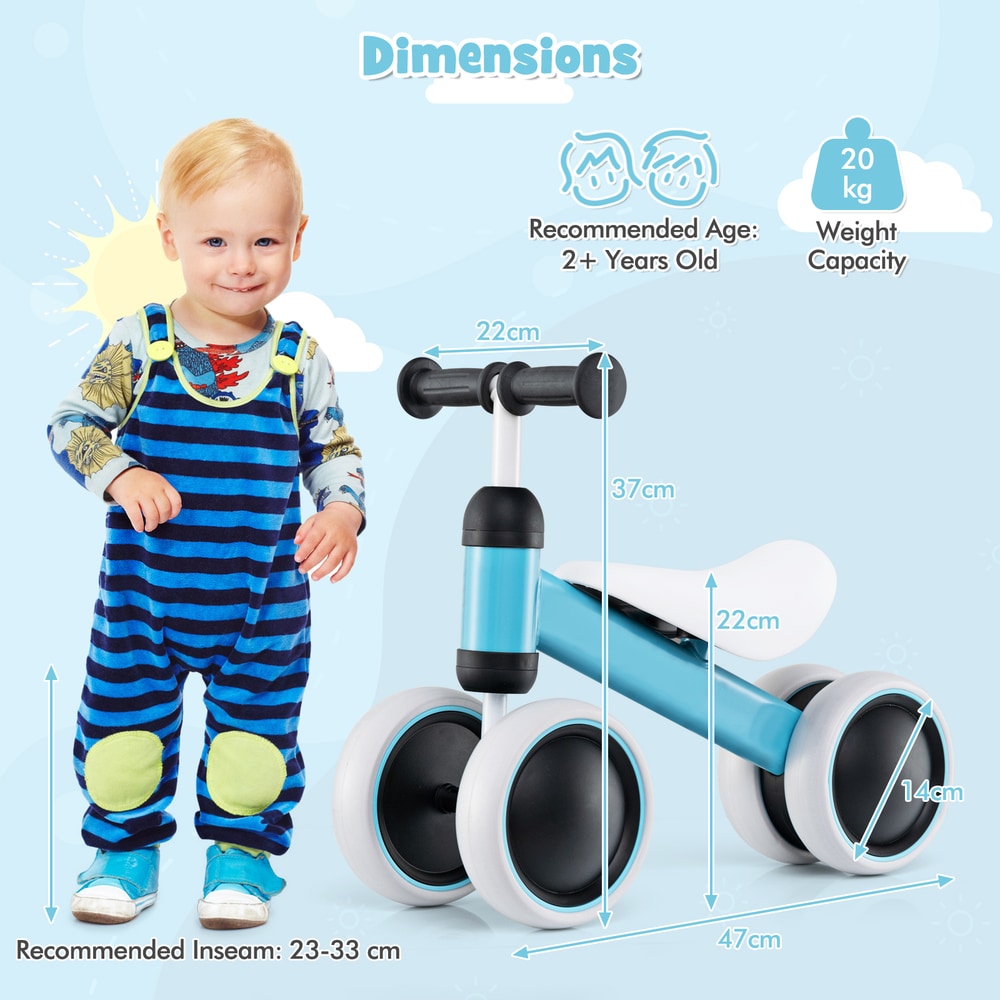 Dimensions diagram showing a child next to the blue balance bike with measurements