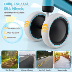Close up of the blue balance bike wheels with text about different road surfaces