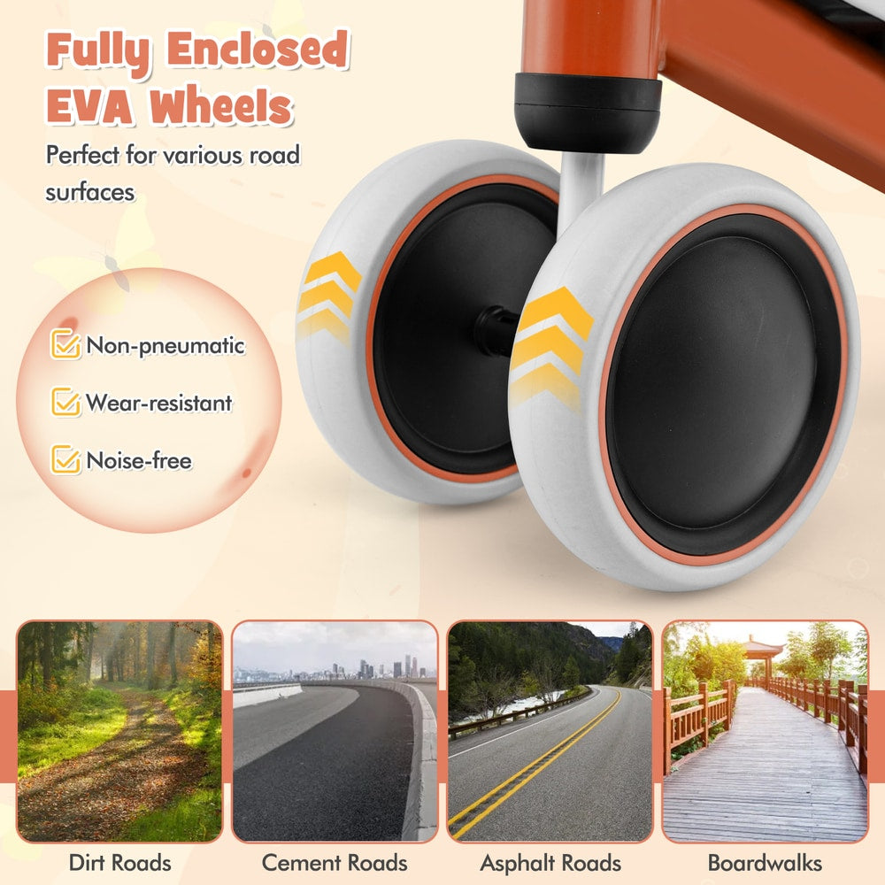 Close-up of the wheels and text about EVA wheels for the balance bike