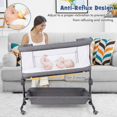 The bedside sleeper with anti-reflux design and a baby being fed