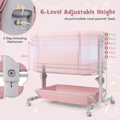 The pink baby bassinet bedside sleeper showing the 6-level height adjustment and unlocking mechanism