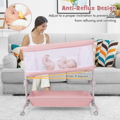 The anti-reflux design of the bassinet bedside sleeper with a baby being fed
