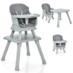 The grey high chair and table set shown from a different angle