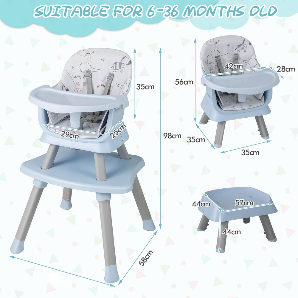 The blue high chair and toddler stool with dimensions shown in a size diagram