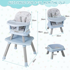The blue high chair and toddler stool with dimensions shown in a size diagram