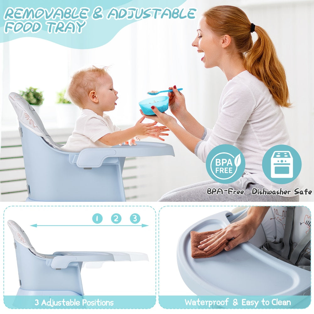 The removable tray of the blue high chair shown with adjustable positions and cleaning instructions