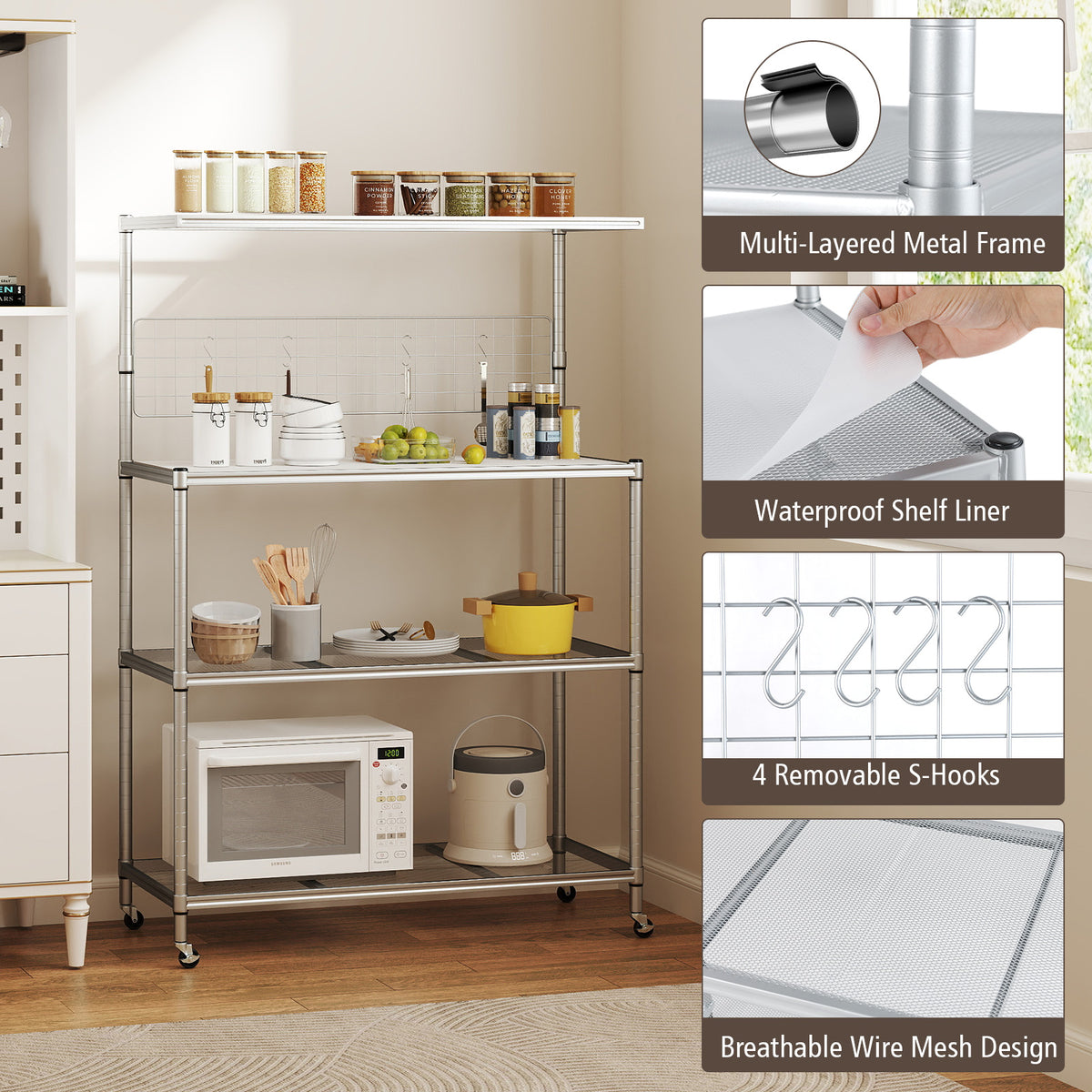 Bakers Rack on Wheels with Adjustable Shelves and Shelf Liner-Silver