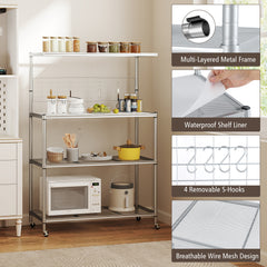 Bakers Rack on Wheels with Adjustable Shelves and Shelf Liner-Silver