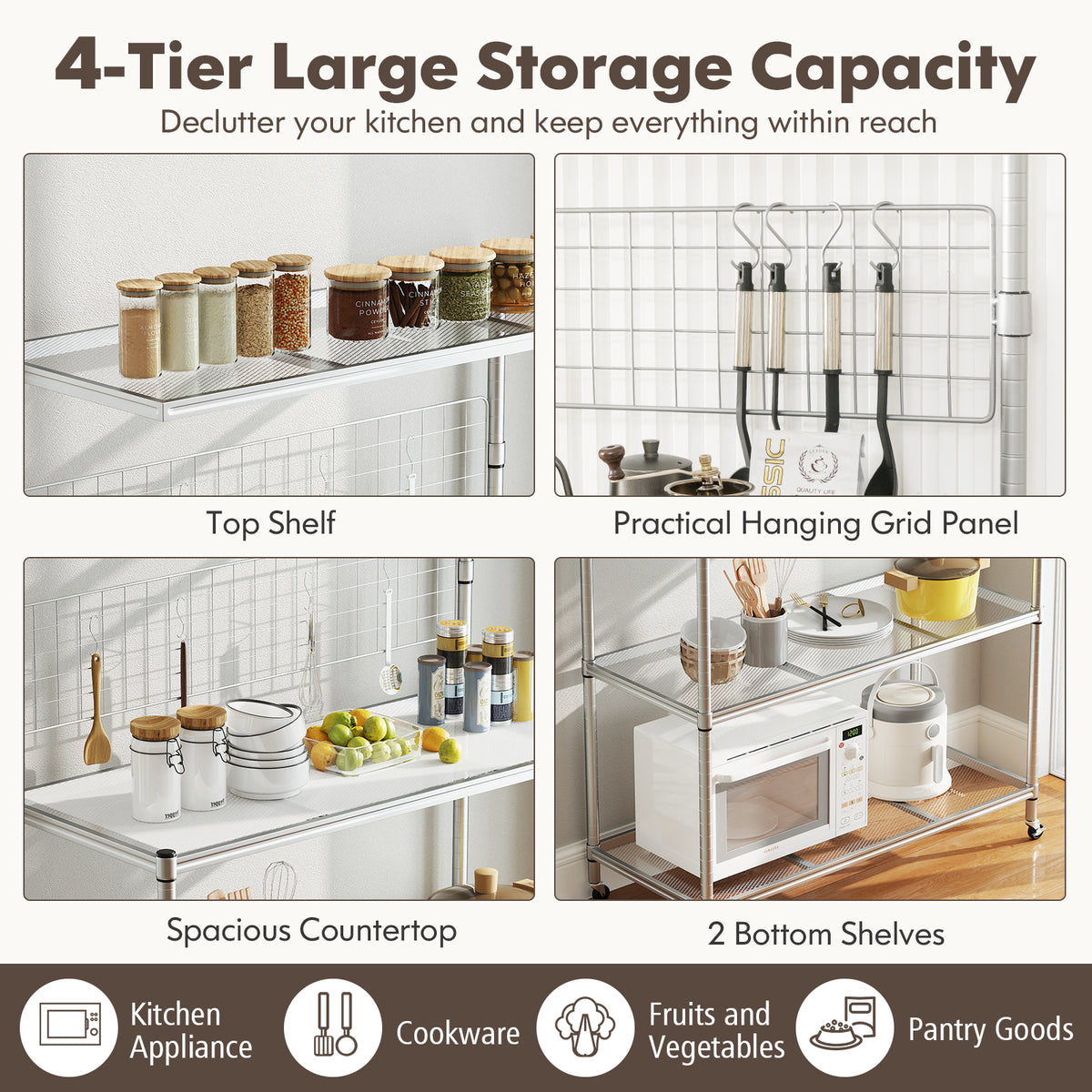 Bakers Rack on Wheels with Adjustable Shelves and Shelf Liner-Silver